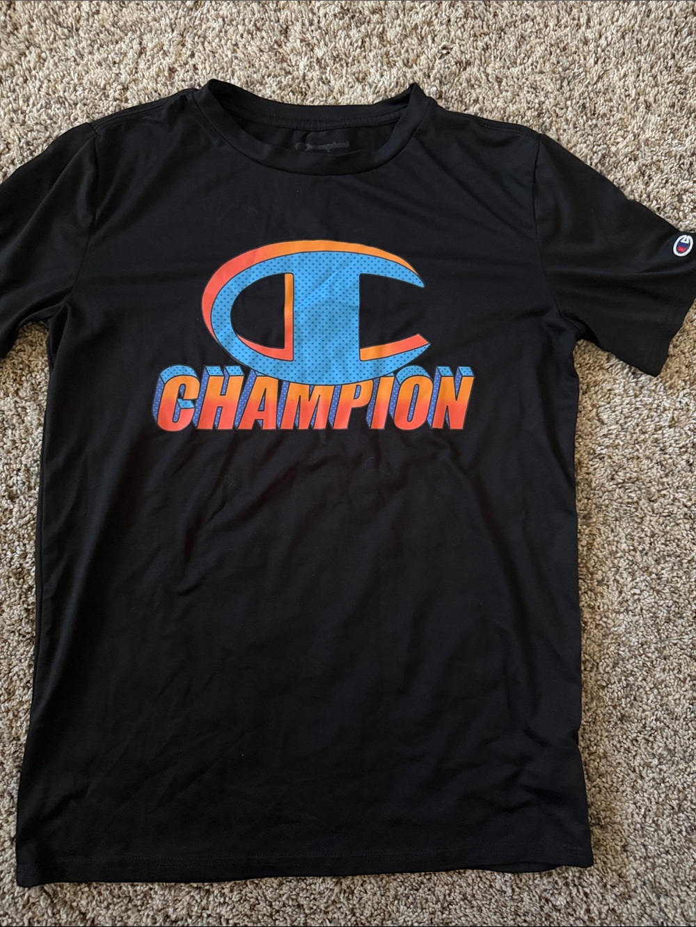 Champion Black Tee with Blue & Orange Logo